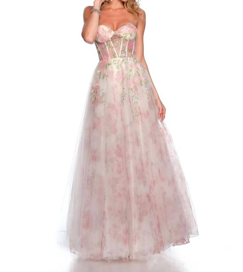 NEW DAVE & JOHNNY strapless printed tulle ballgown in print / pink